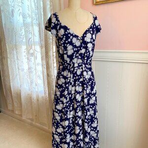 Anthropologie Maeve Tate Midi Short Sleeve Button Front Navy Floral Dress Sz 6